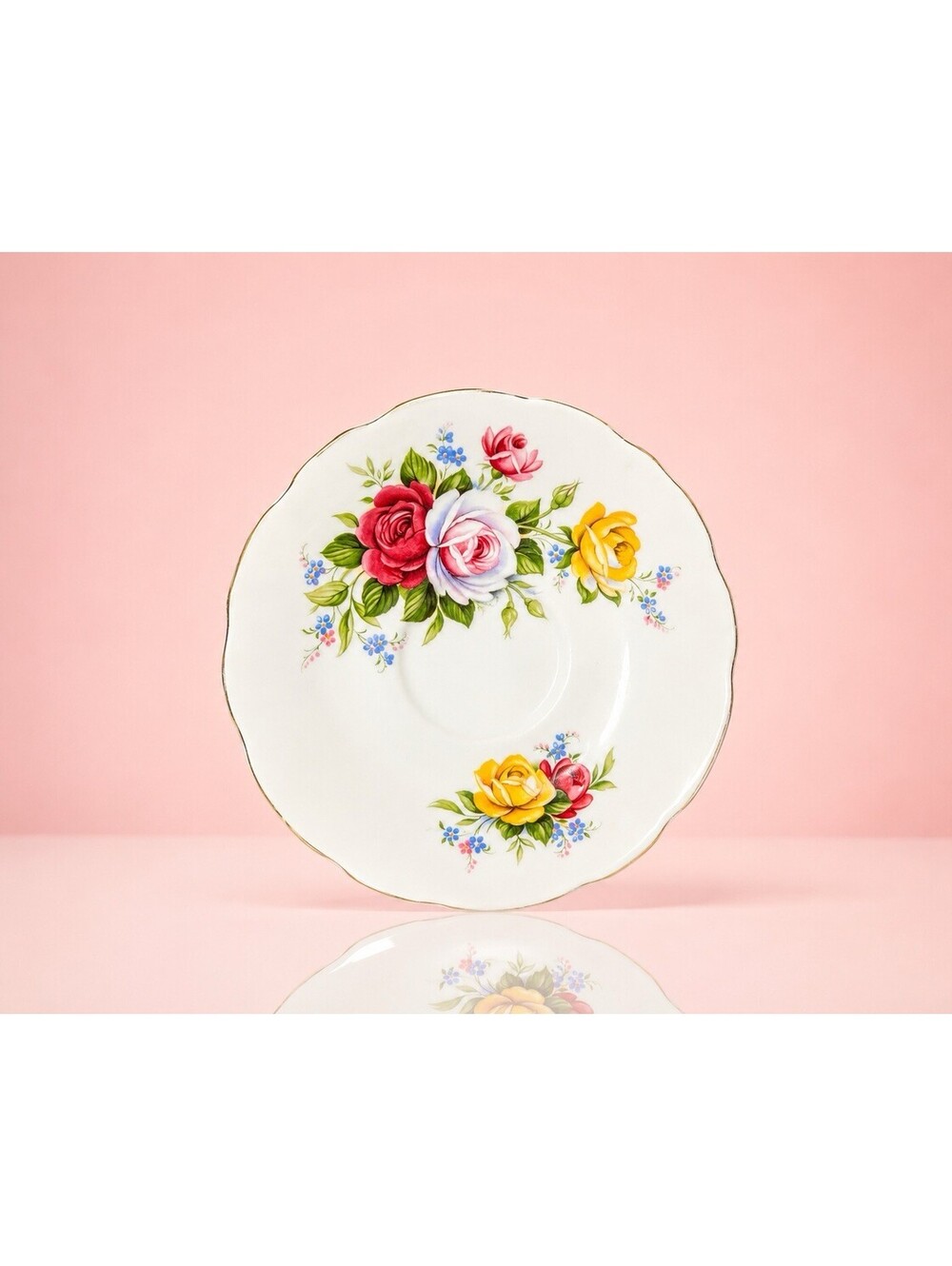 Royal Sutherland Staffordshire 1960s Orphan Saucer Multicolor Roses, 5.5”